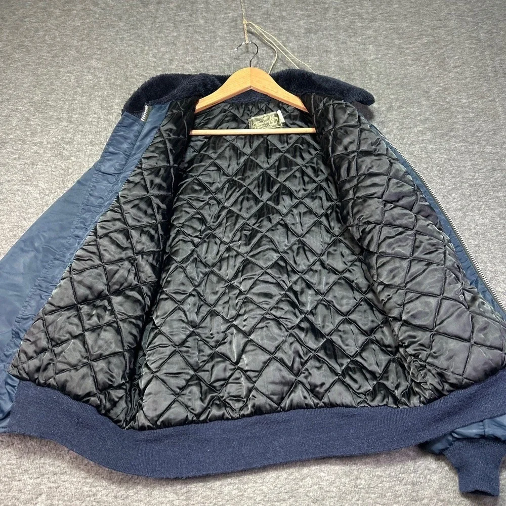 Vintage Timber King Mens Medium Jacket Navy Blue Bomber Fuzzy Collar Insulated‎